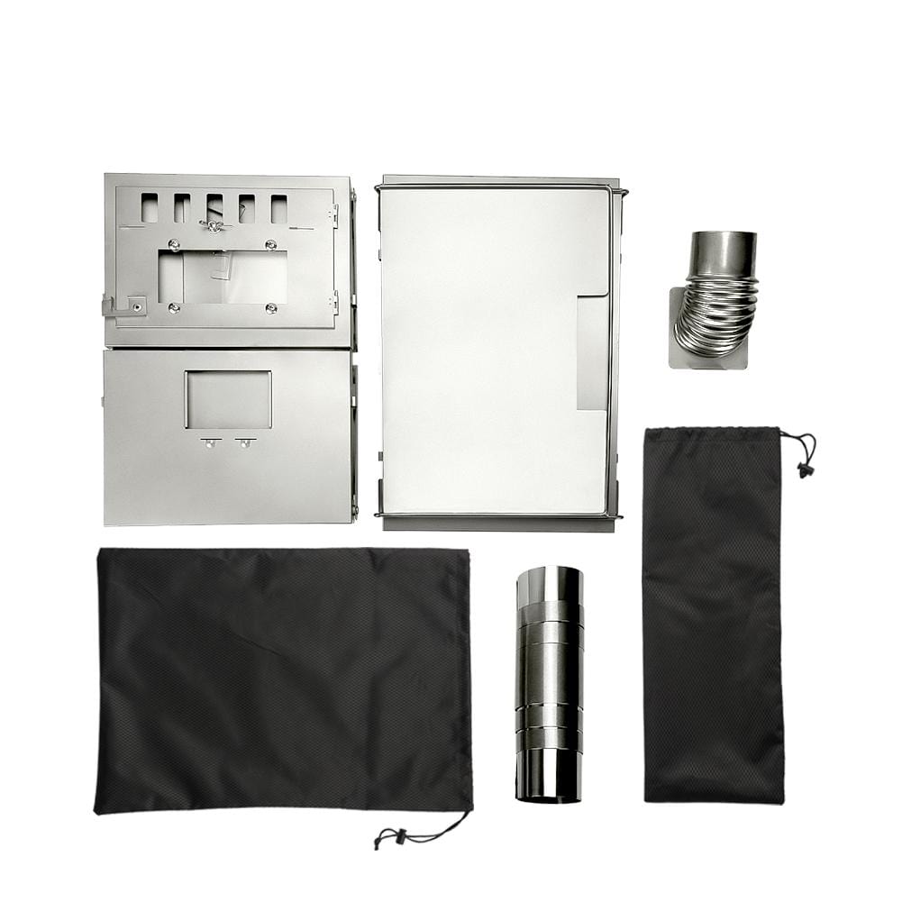 SilverAnt Ultralight Titanium Large Foldable Wood Burning Stove - Laid down all parts and components