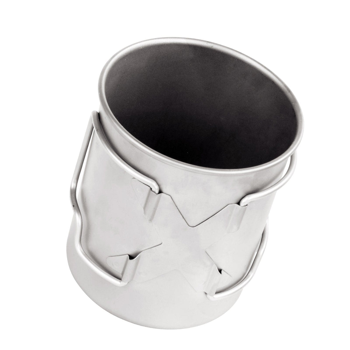 SilverAnt Ultralight Titanium Pot 750ml/25 fl oz with Lid - Angled rear view, showing handles folded, peeking into inner surface of cup