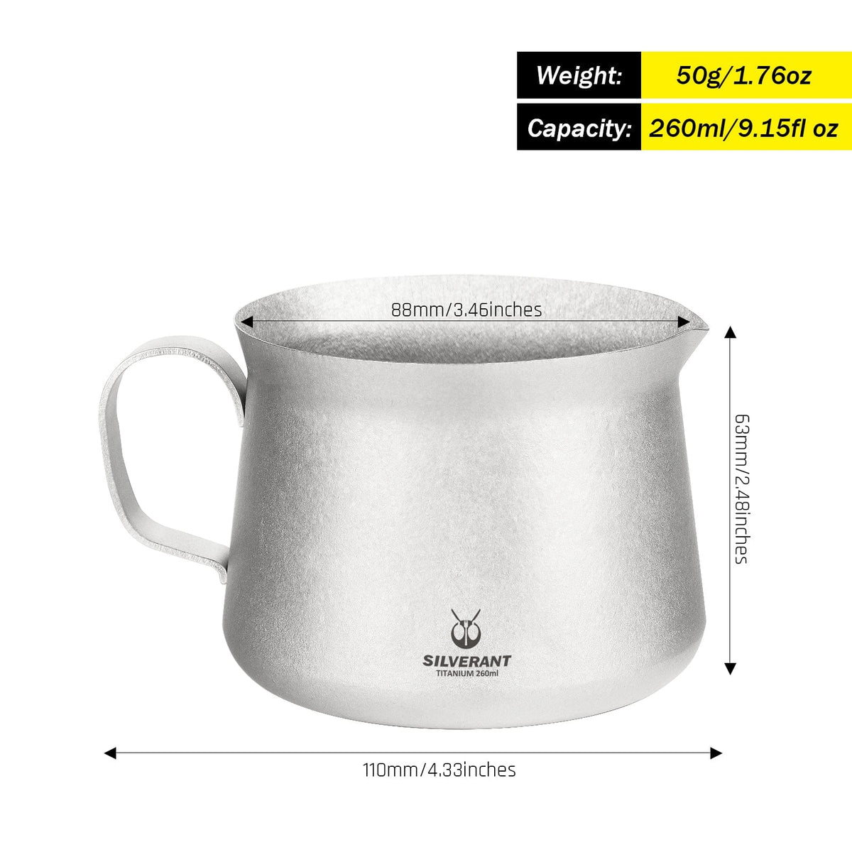SilverAnt Ultralight Titanium Pour Over Tea Pot 260ml/9.15fl oz Crystallized - weight, dimensions, and capacity