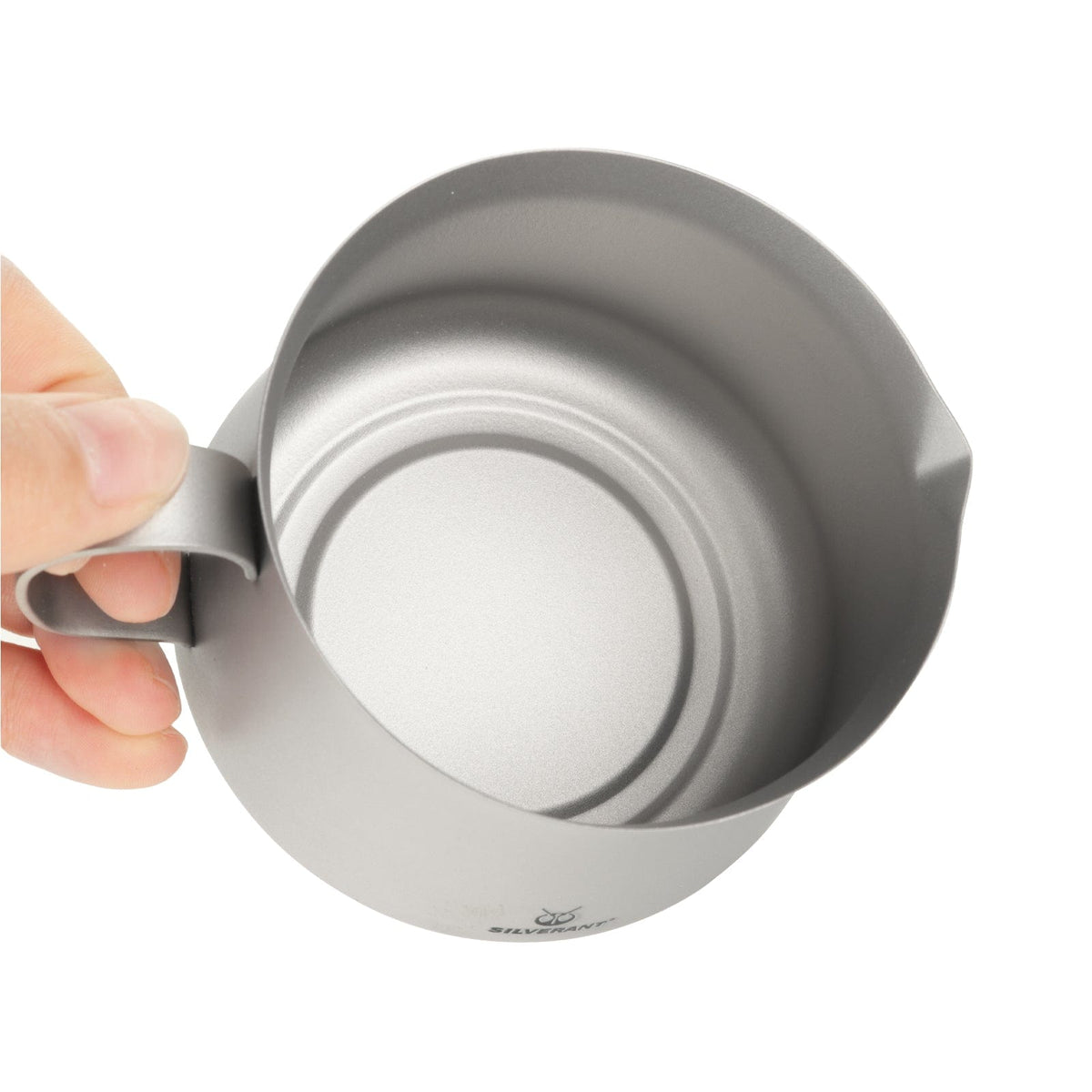 SilverAnt Ultralight Titanium Pour Over Tea Pot 260ml/9.15fl oz Sandblasted - top angle view, showing inside surface with indents on the bottom 