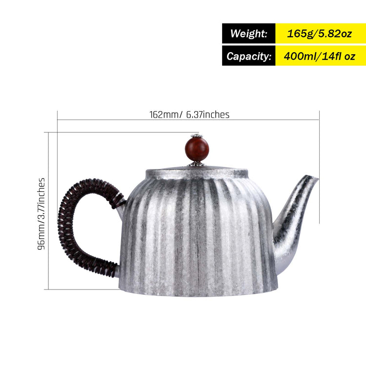 SilverAnt Ultralight Titanium Pour Over Tea Pot with Black Braided Handle and Ornate Wooden Lid Handle with weight, dimensions, and capacity