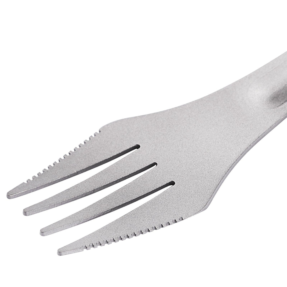 SilverAnt Ultralight Titanium Spork 3-in-1 Knife Fork Spoon - close-up of serrated fork sides/edges