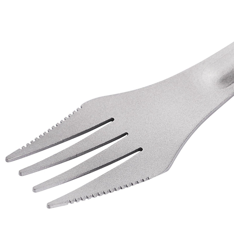 
                  
                    SilverAnt Ultralight Titanium Spork 3-in-1 Knife Fork Spoon - close-up of serrated fork sides/edges
                  
                
