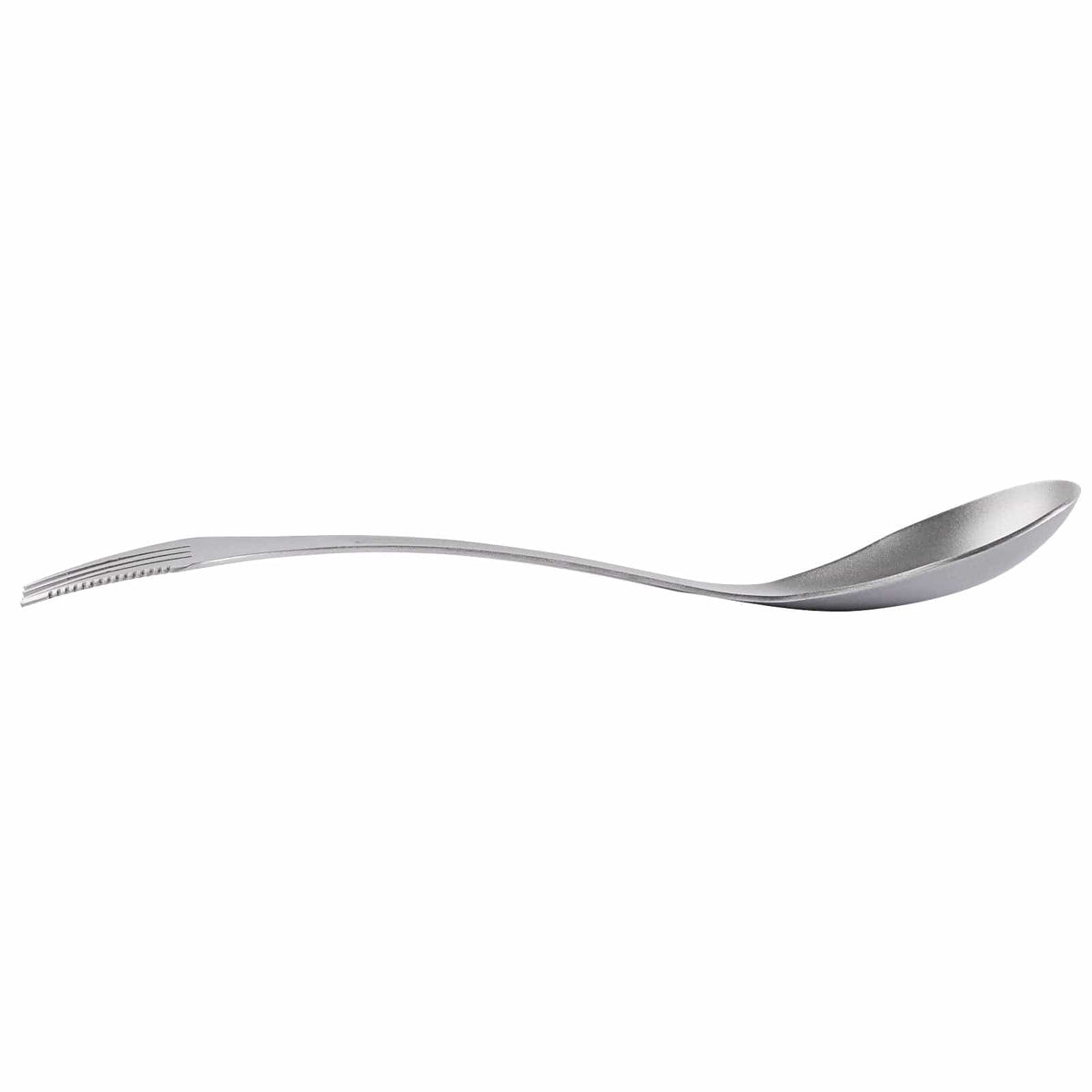 SilverAnt Ultralight Titanium Spork 3-in-1 Knife Fork Spoon - Side view, curved shape