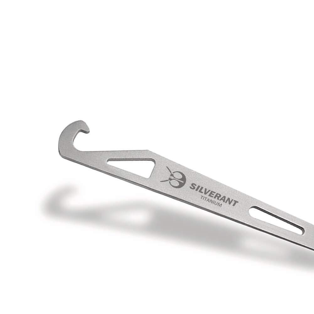SilverAnt Ultralight Titanium Spork with Bottle Opener Sandblasted - close-up of bottle opener side, silverant branding