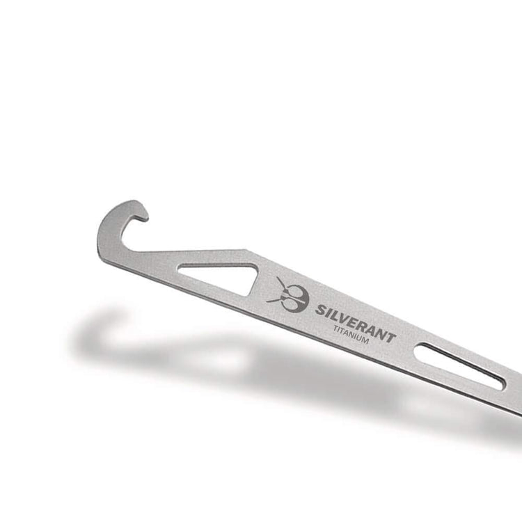 
                  
                    SilverAnt Ultralight Titanium Spork with Bottle Opener Sandblasted - close-up of bottle opener side, silverant branding
                  
                