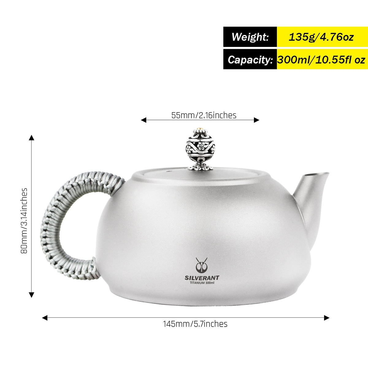 SilverAnt Ultralight Titanium Teapot & Traditional Tea Set - Teapot weight, dimensions, and capacity