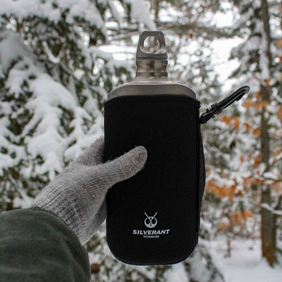 SilverAnt Ultralight Titanium Water Bottle 800ml/28.16 fl oz (Slim Sandblasted) - In-Use (held by hand, thermal sleeve, winter camping, winter gloves, titanium water bottle)