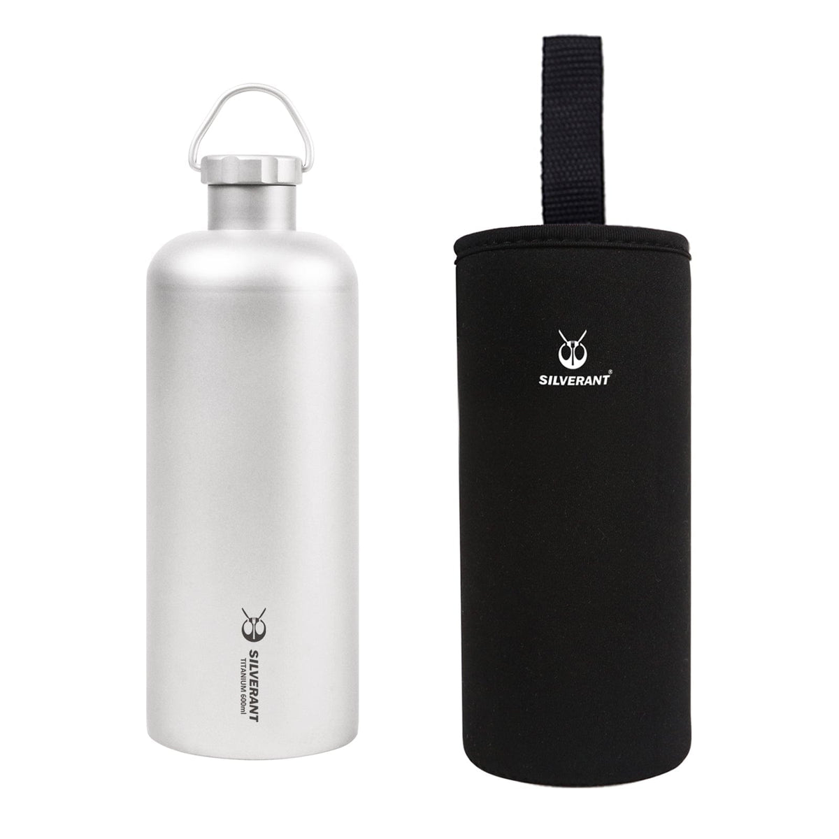 SilverAnt Ultralight Titanium Water Bottle Narrow Mouth Design - 600ml/21.1 fl - with black thermal carry sleeve (included with purchase)