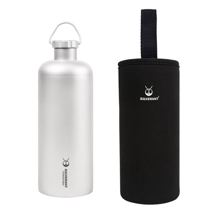 SilverAnt Ultralight Titanium Water Bottle Narrow Mouth Design - 600ml/21.1 fl - with black thermal carry sleeve (included with purchase)