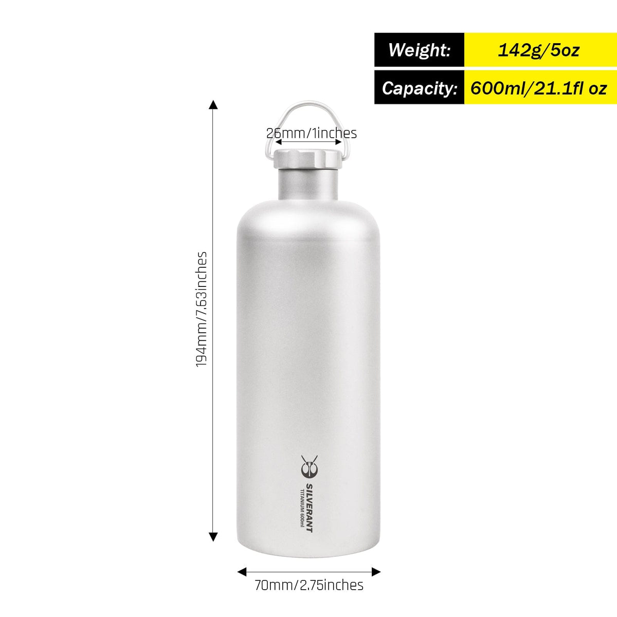 SilverAnt Ultralight Titanium Water Bottle Narrow Mouth Design - 600ml/21.1 fl (weight, dimensions, and capacity)