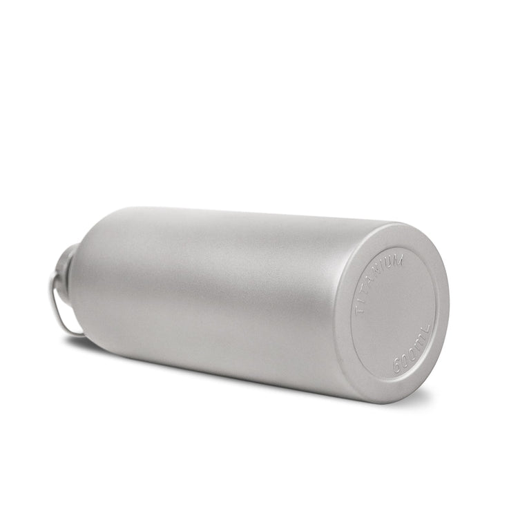 
                  
                    SilverAnt Ultralight Titanium Water Bottle Narrow Mouth Design - 600ml/21.1 fl (laid down on its side, showing bottom of bottle with "titanium" engraved)
                  
                