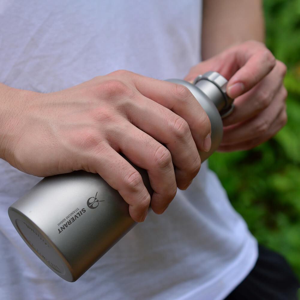 SilverAnt Ultralight Titanium Water Bottle Narrow Mouth Design - 600ml/21.1 fl (actual product photo, on-hand, in-use)