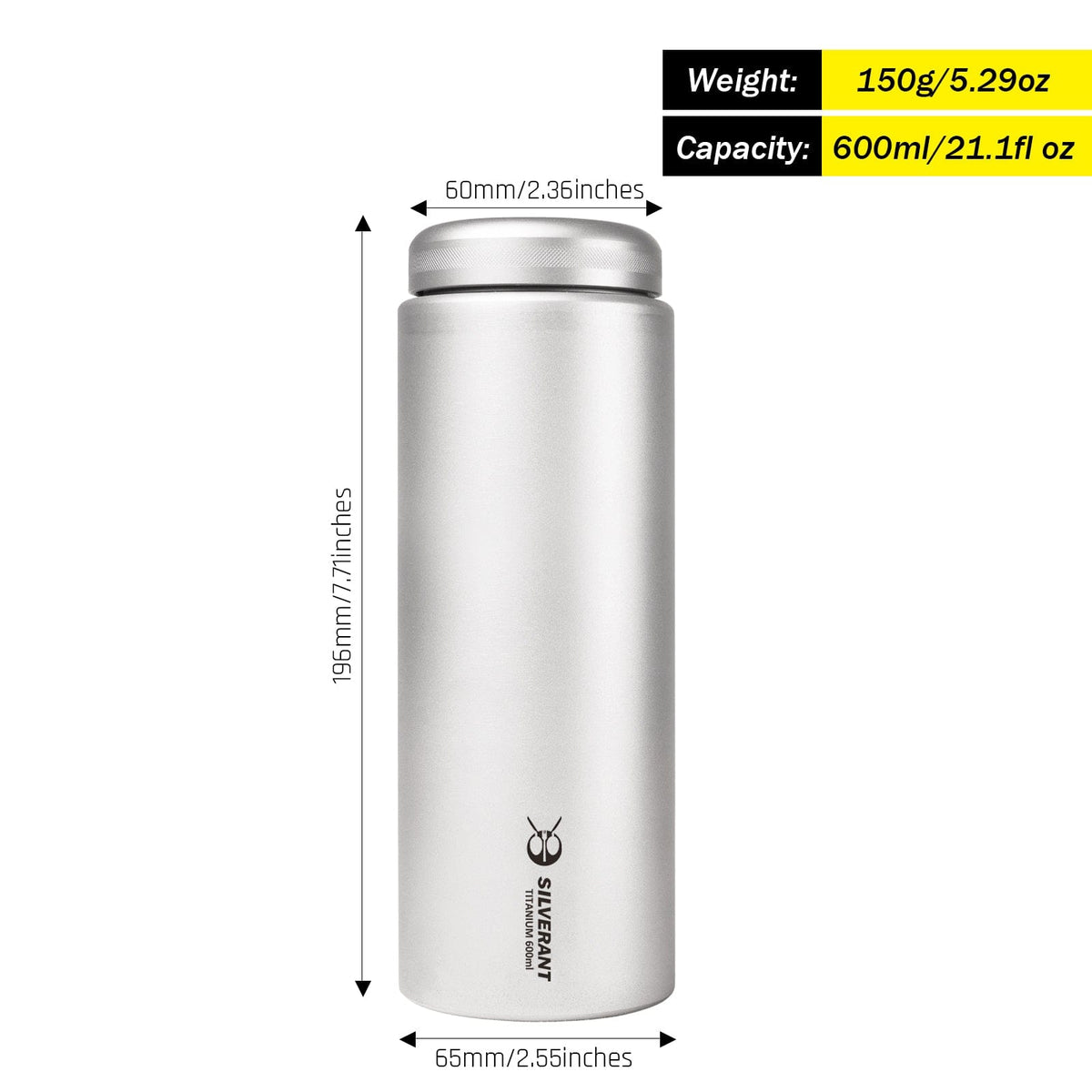 SilverAnt Ultralight Titanium Water Bottle Wide Mouth Screw Top - 600ml/21.1 fl oz (weight, dimensions, and capacity)