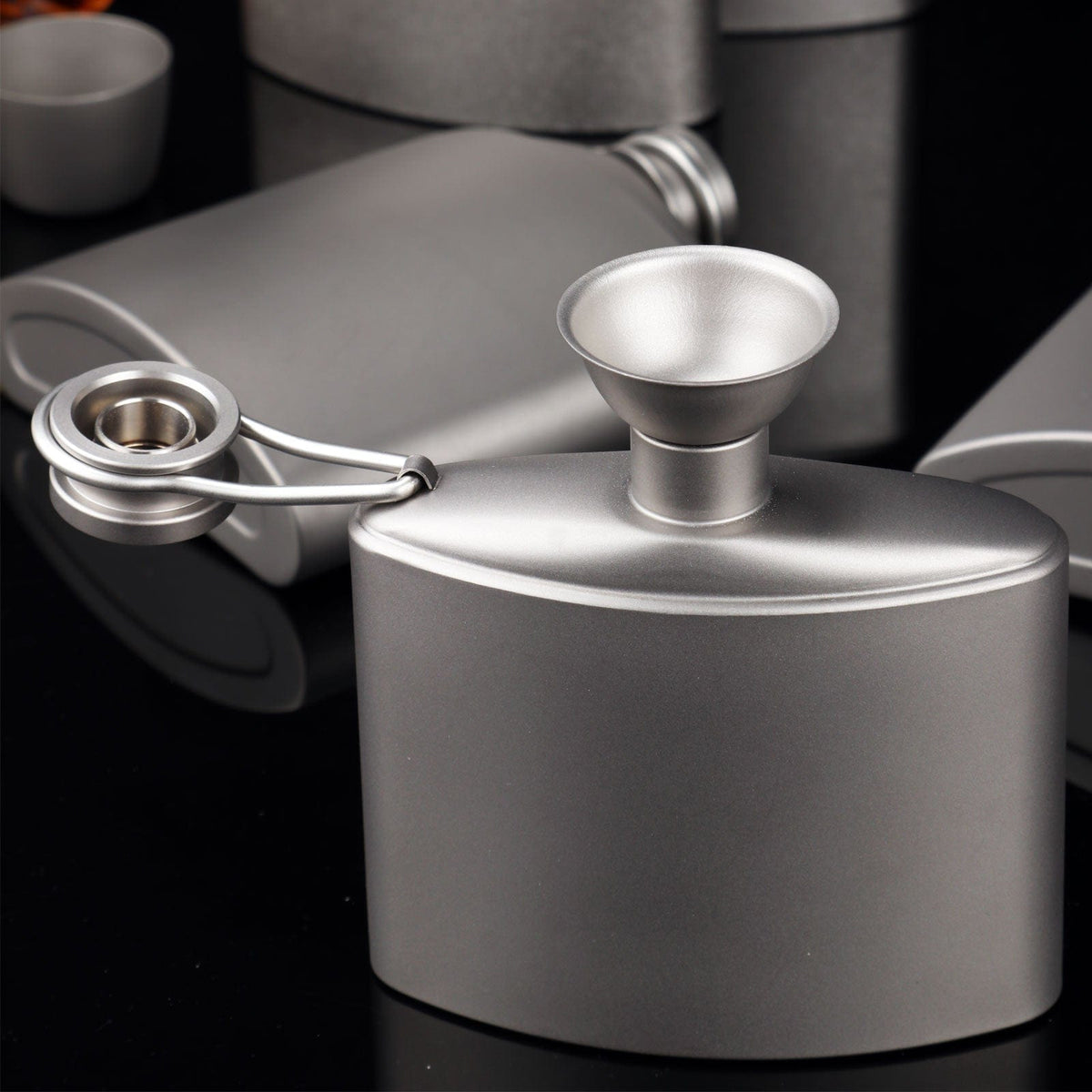 Titanium Hip Flask Funnel actual photo on a hip flask