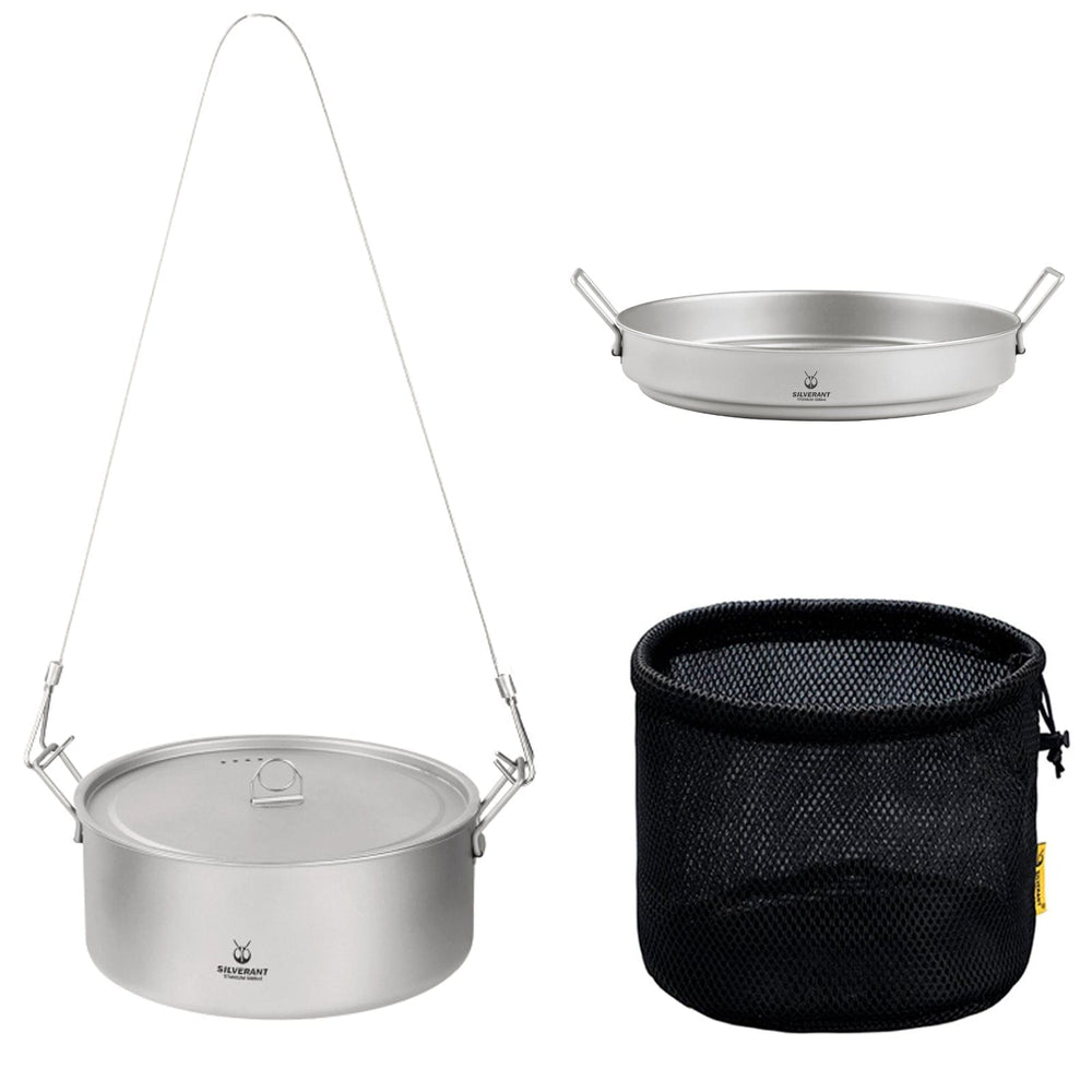 Ultralight Titanium Large Pot & Pan 2-Piece With Campfire Pot Hanger Camping Cookware Set - SilverAnt Outdoors
