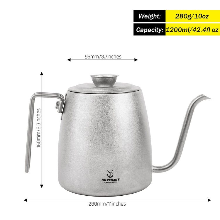 
                  
                    Titanium Pour-Over Kettle 1200ml/42.2 fl oz - SilverAnt Outdoors
                  
                