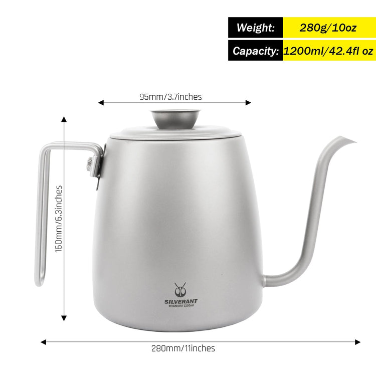 
                  
                    Titanium Pour-Over Kettle 1200ml/42.2 fl oz - SilverAnt Outdoors
                  
                